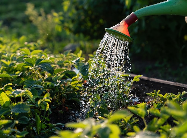 Arroser les plants de fraises dans le jardin à la campagne