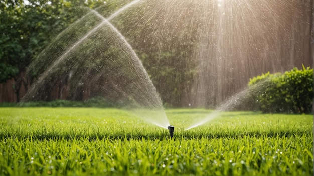 un arroseur arrosant une herbe verte avec le soleil qui brille à travers elle