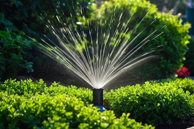 L'arroseur automatique pulvérise des jets d'eau sur les buissons et la pelouse sous la lumière du soleil.