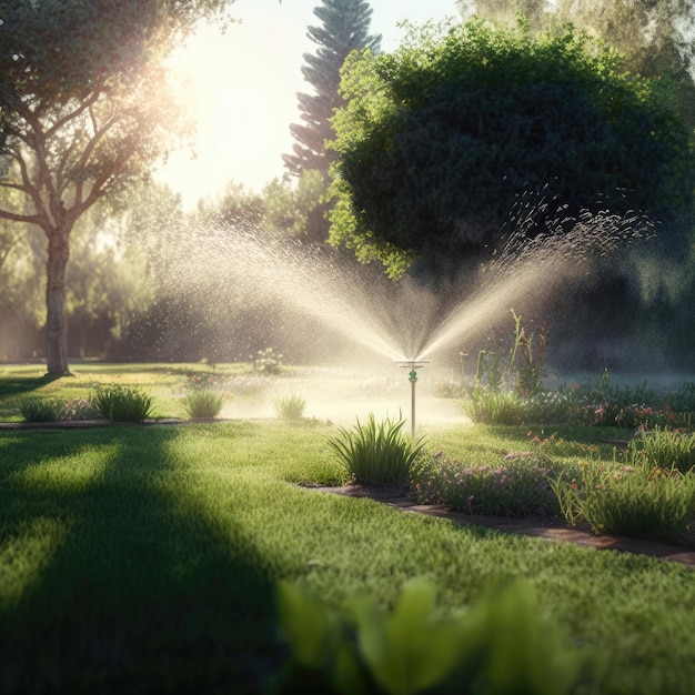 Arroseur dans le parc pulvérisant de l'eau sur une herbe verte luxuriante Illustration AI Generative