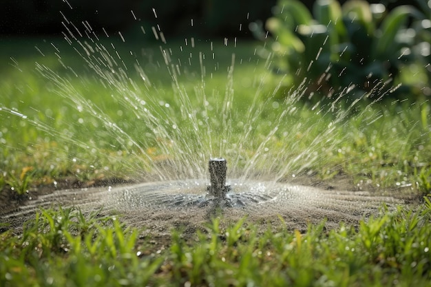 Arroseur projetant une pluie de gouttelettes d'eau sur la pelouse fraîchement coupée