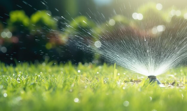 Photo un arroseur pulvérise de l'eau sur l'herbe.