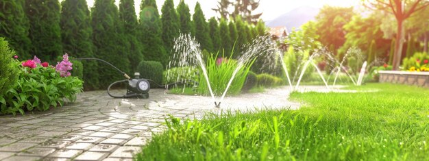 Des arroseurs pour arroser l'herbe et la pelouse émeraude dans le jardin