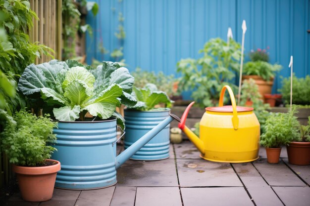 Arrosoir à côté des barils de potager