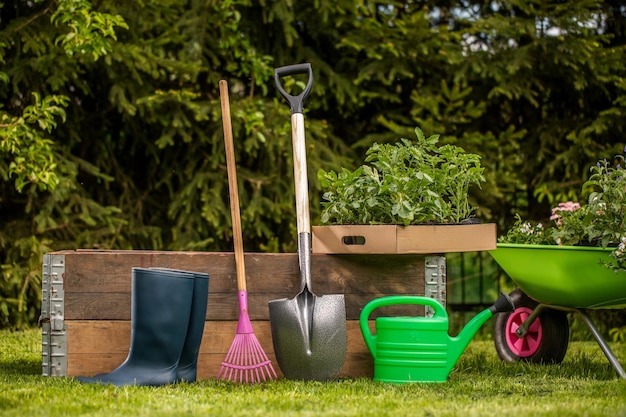 Arrosoir gants petite pelle brouette de jardin sur une pelouse verteBeaux aménagements de jardin