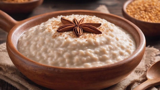 Arroz con leche pudding de riz avec de la cannelle dans un bol d'argile sur une table en bois