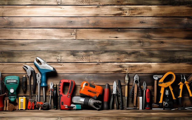 Un arsenal d'outils assortis sur fond de bois