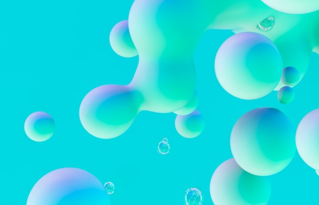 Art 3d abstrait. Blobs liquides flottants holographiques, bulles de savon, metaballs.