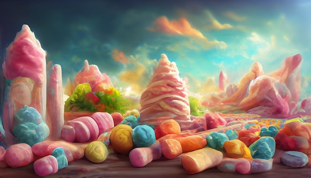 Art 3D Paysage de bonbons pastel coloré comme arrière-plan fantastique