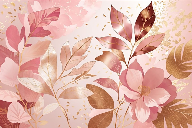 Art abstrait botanique fond rose vecteur papier peint de luxe avec ton rose et terre aquarelle feuille fleur arbre et paillettes d'or conception minimale pour l'emballage de texte imprime la décoration murale