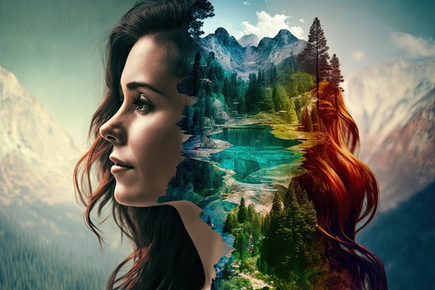 Art abstrait de couleur arc-en-ciel dans la forêt et femme faciale avec double exposition