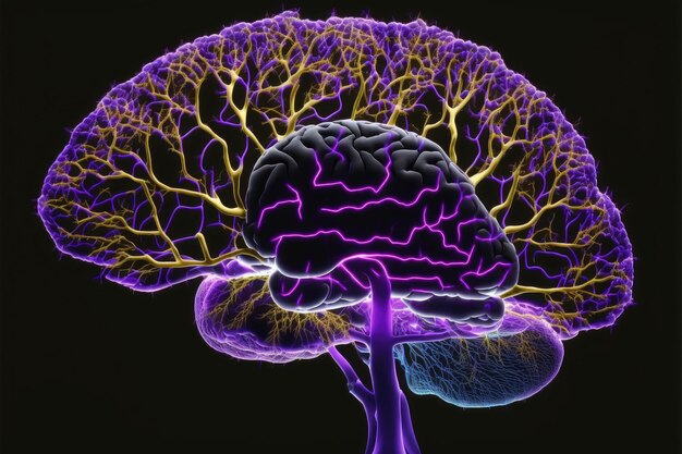 Art abstrait du cerveau au néon avec des nerfs isolés sur fond noir