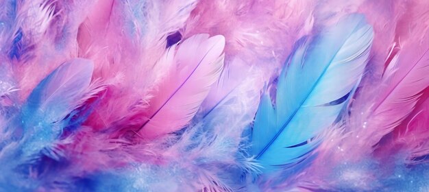 Photo art abstrait fond festif fête goutte d'eau paillettes et étoiles sur plume bleu et rose