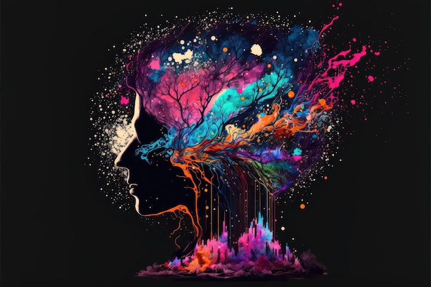 Art abstrait de l'ombrage multicolore de double exposition dans l'arbre et le visage humain