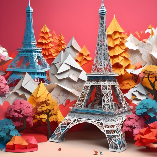 Photo art abstrait papier art origami diorama de paris dans un style d'art moderne est une pièce époustouflante et unique