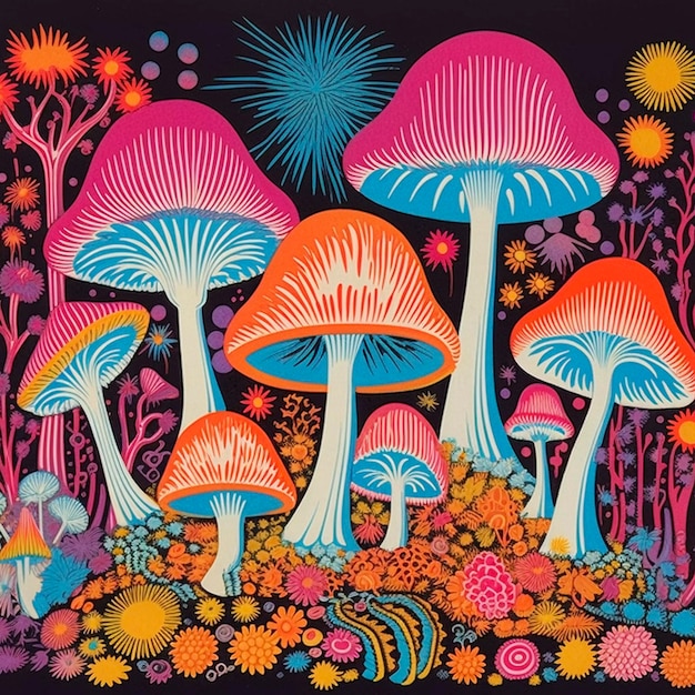 Art d'affiche de champignons psychédéliques vintage IA générative