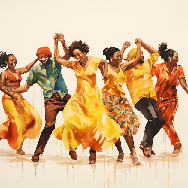 Photo art en aquarelle 3d d'un groupe de personnes dansant et s'amusant
