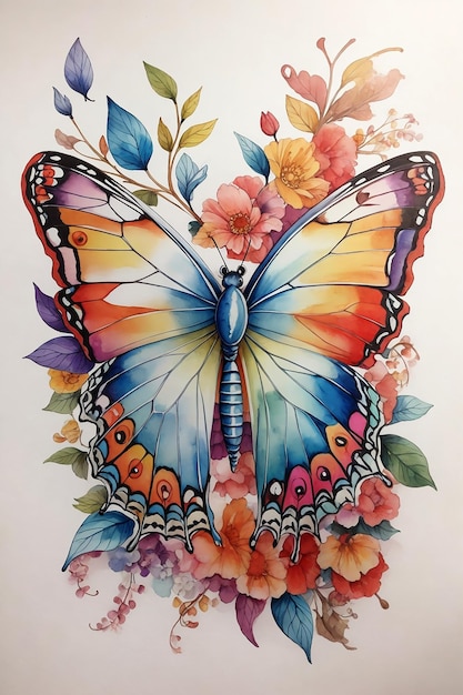 Art à l'aquarelle d'un fond floral avec un seul papillon coloré complexe et détaillé