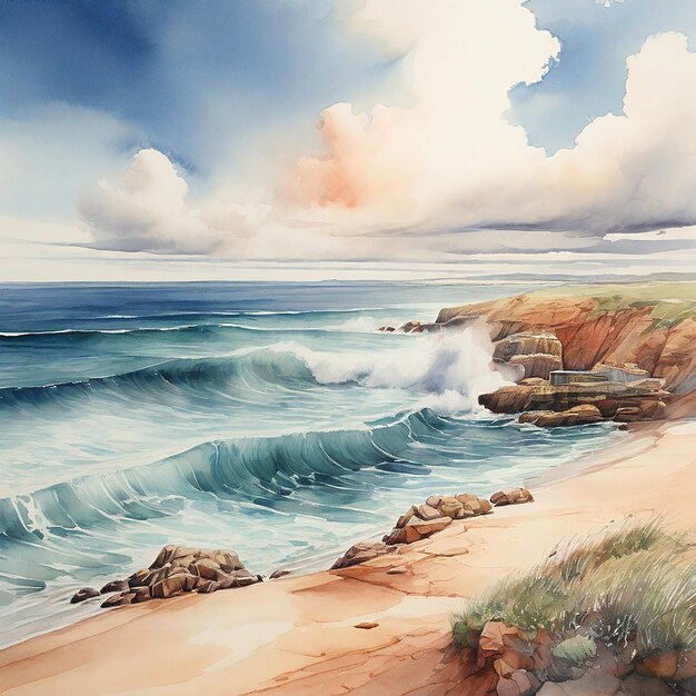 Photo art à l'aquarelle avec mer et plage de mer ciel nuageux