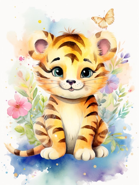 Photo l'art à l'aquarelle de la pépinière du bébé tigre joyeux