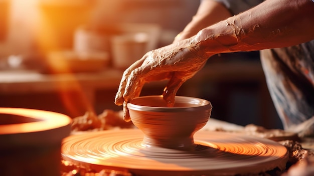 Art artisanal Les mains du potier au travail IA générative