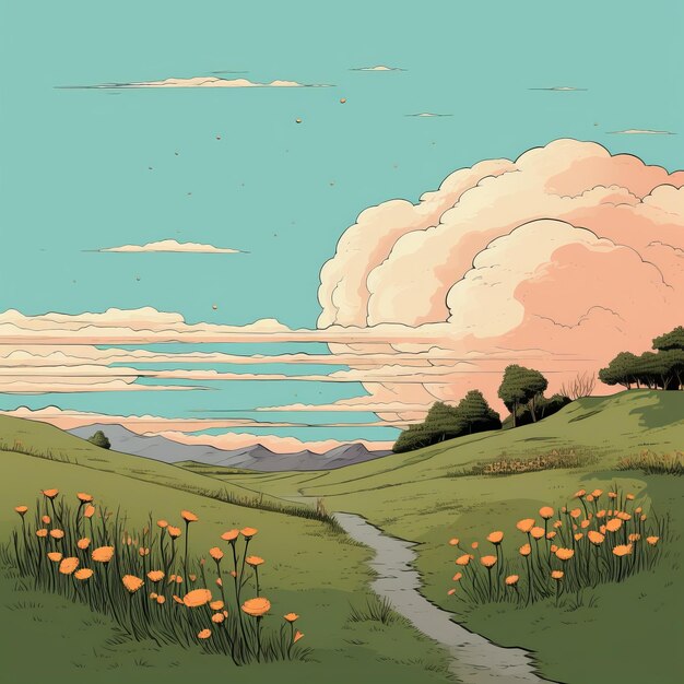 L'art de la bande dessinée capricieuse Un chemin vibrant vers une prairie d'orange