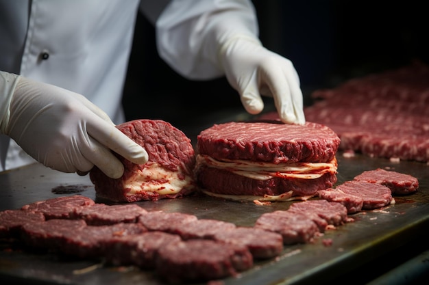 L'art de la boucherie se déroule au fur et à mesure que des mains habiles transforment des hamburgers savoureux.