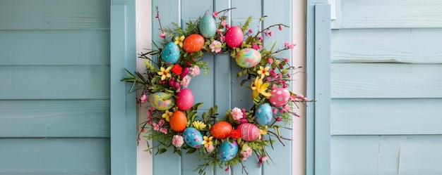 L'art des célébrations du printemps Une couronne unique d'œufs de Pâques faite à la main pour orner la porte d'entrée