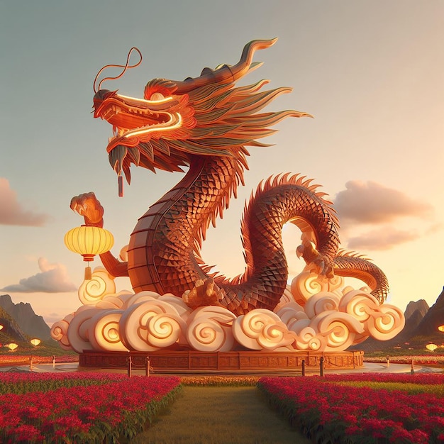 Art chinois du dragon avec nuage et lampion