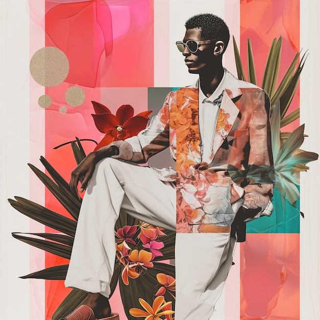 Art collage d'été homme de mode et éléments botaniques forme abstraite et texture de points
