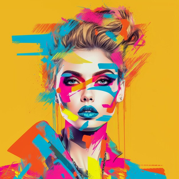 Art de collage numérique avec portrait vibrant et énergique d'une femme avec un maquillage incroyable généré par l'IA