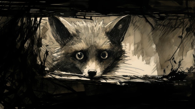 Art comique noir Un portrait d'un renard rouge regardant par la fissure