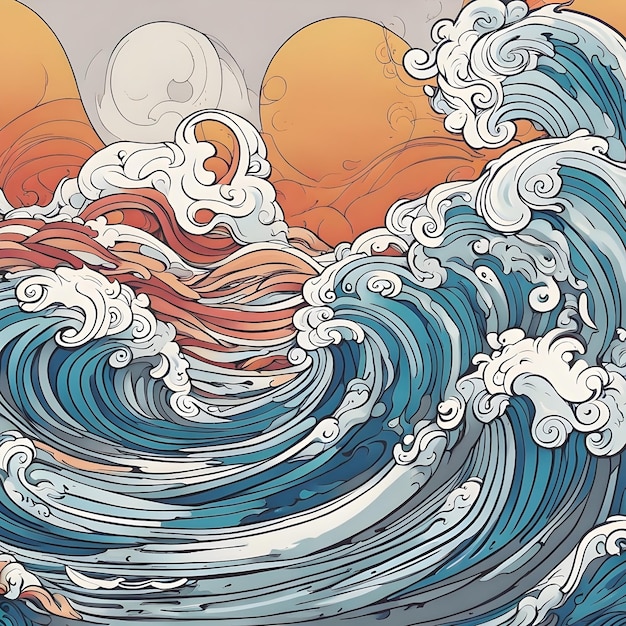 Art de conception de tatouage de vagues de mer abstraite et colorée avec des lignes