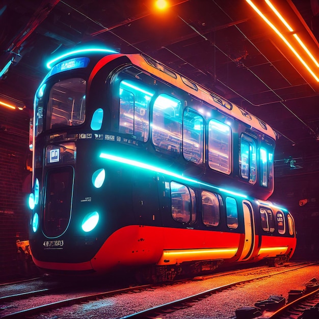 Art conceptuel du tunnel de métro dans l'art génératif de la future ville au néon par AI