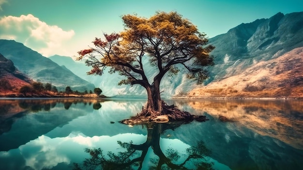 Un art conceptuel des montagnes de paysage avec l'arbre dans un lac