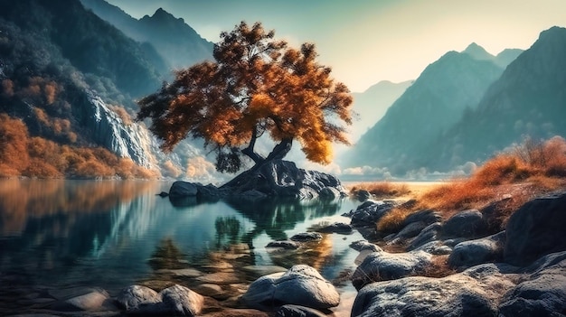 Un art conceptuel des montagnes de paysage avec l'arbre dans un lac