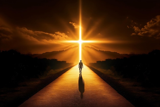 un art conceptuel d'une personne marchant sur un chemin de terre vers une croix