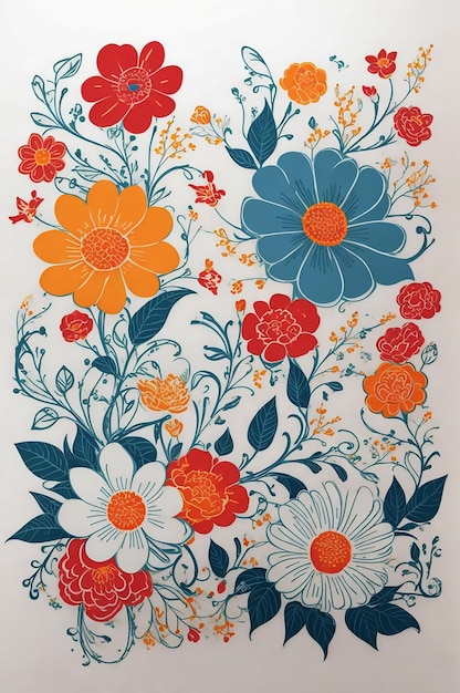 Art de contour mince d'un joli vecteur coloré traçant un motif de fleurs illustrées sur fond blanc