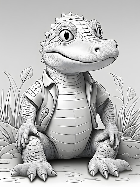 Photo art de contour noir et blanc pour les pages de livre de coloriage pour enfants mignons aligator tout blanc