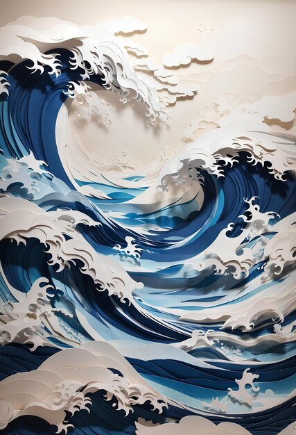 Photo art en couches de papier bleu et blanc vagues géantes japonaises