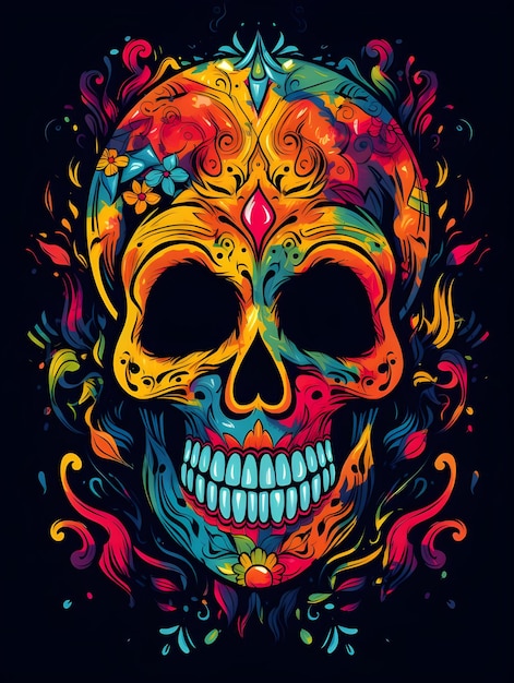 Art de crâne coloré avec art de conception de t-shirt de crâne de conception de fleur