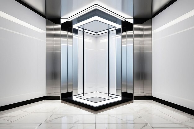Art dans un ascenseur en miroir avec des visuels changeants maquette avec un espace blanc vide pour placer votre conception
