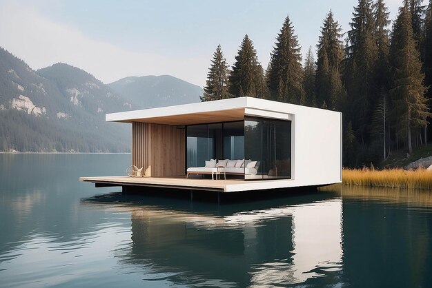 Art dans une maison flottante sur une maquette de lac avec un espace blanc vide pour placer votre conception