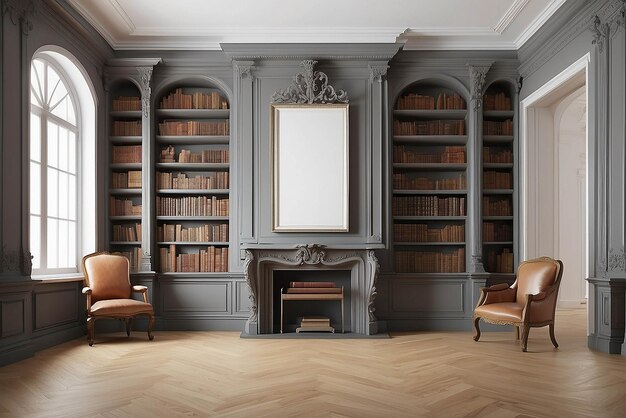Art dans une maquette de bibliothèque de manoir historique avec un espace blanc vide pour placer votre conception
