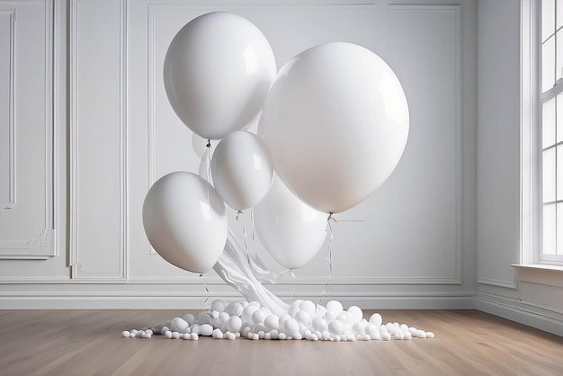 Art dans une maquette de pièce remplie de ballons flottants avec un espace blanc vide vide pour placer votre conception