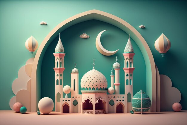Art découpé en papier d'une mosquée avec une lune et des étoiles Generative AI