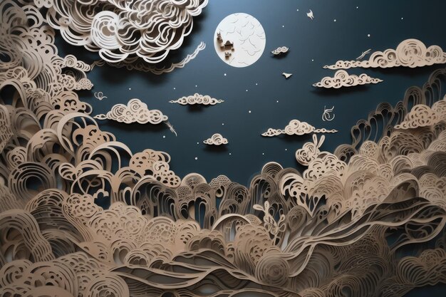 Un art découpé en papier des nuages et de la lune générative ai