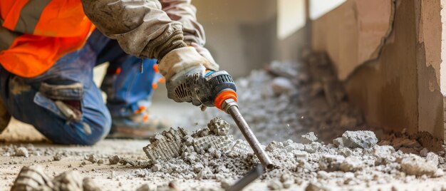 L'art de la démolition Un ouvrier du bâtiment en action avec une perceuse à marteau