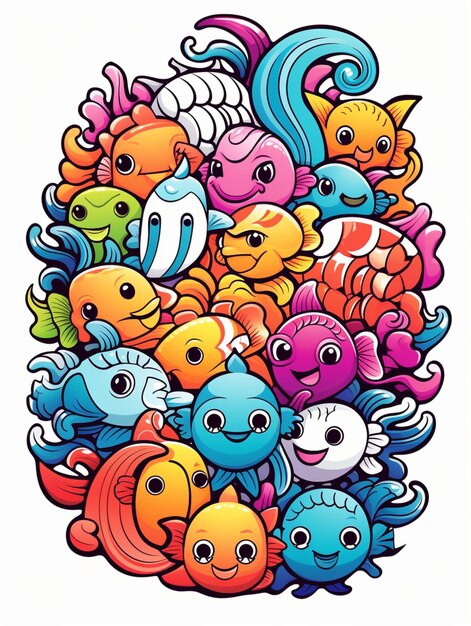 art de dessin animé de poissons colorés