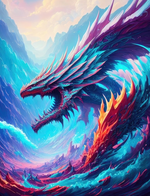 Art avec des dragons dans la mer avec des vagues Generative AI